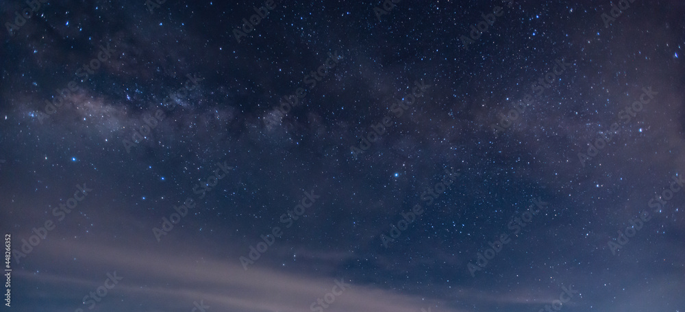 令人惊叹的全景蓝色夜空乳白色，背景是黑暗的恒星。宇宙中充满了恒星，ne