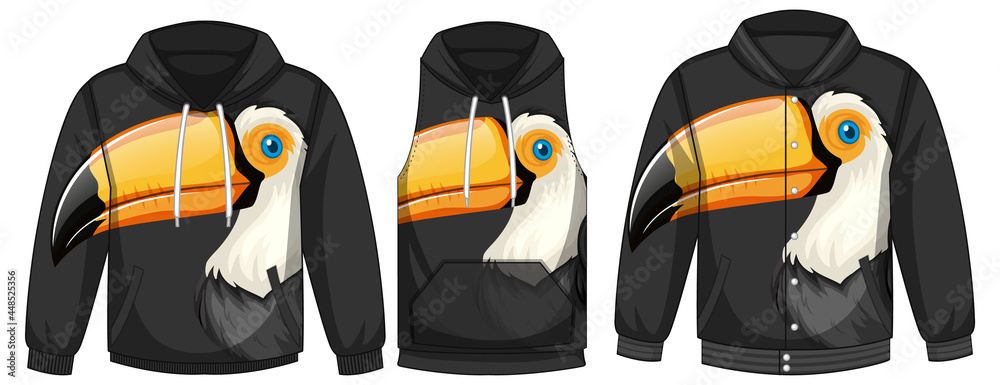 Set of different jackets with toucan bird template