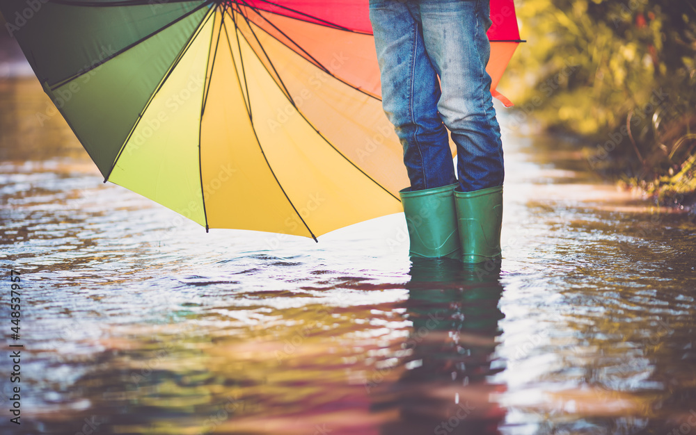 雨天孩子穿着雨鞋在水坑里行走