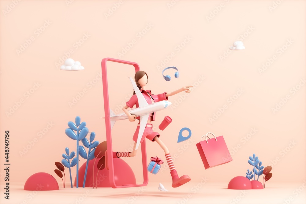 3D rendering of a cartoon girl in travel concept