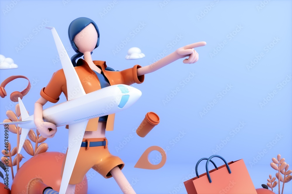 3D rendering of a cartoon girl in travel concept