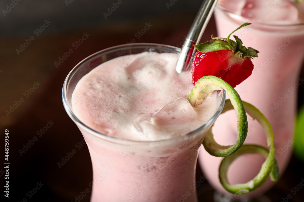 Glasses of strawberry Pina Colada cocktail, closeup