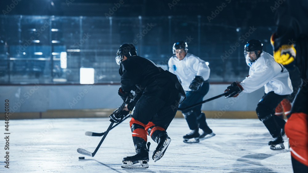 溜冰场：年轻球员训练，学习棒和Puck处理。运动员学习如何