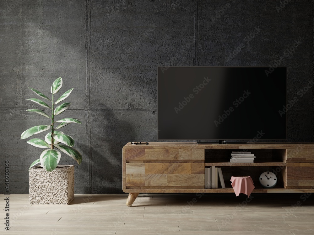 Loft space empty room with tv cabinet on dark concrete interior background.