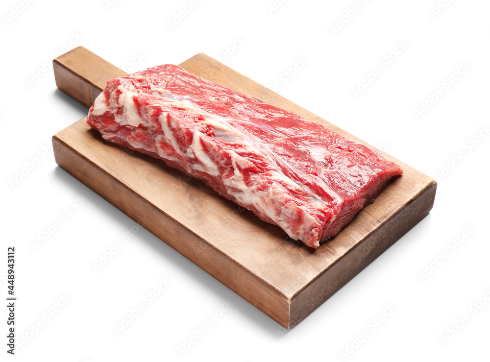 Wooden board with raw beef brisket on white background