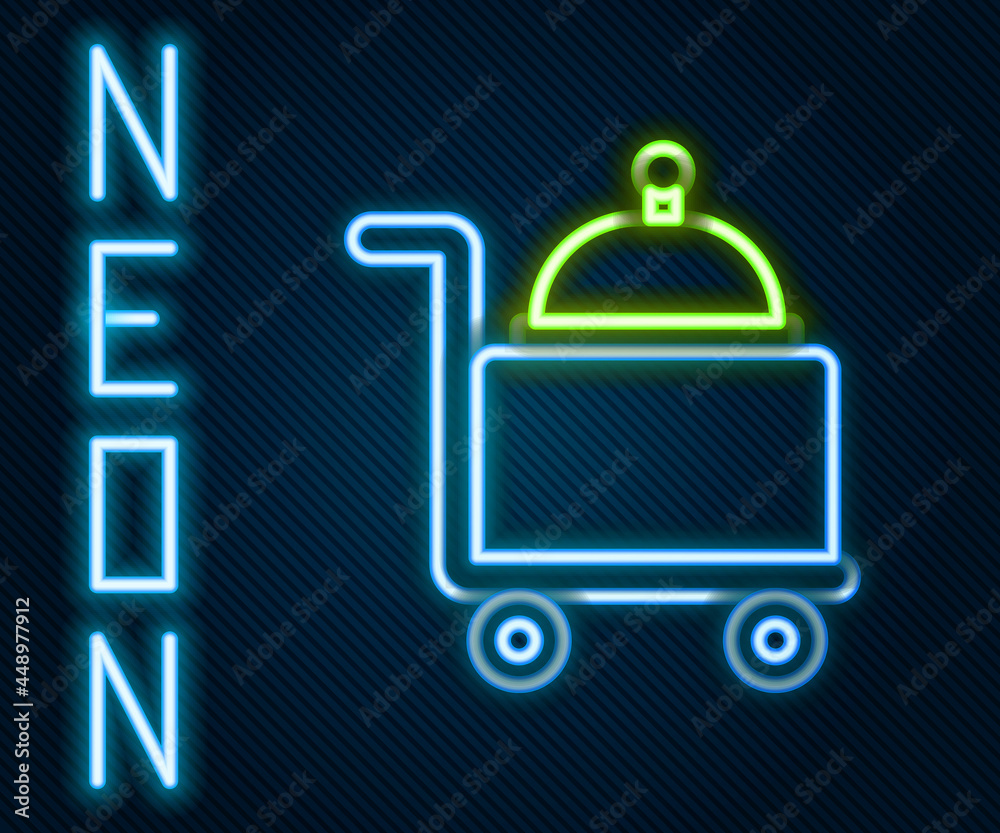 Glowing neon line Covered with a tray of food icon isolated on black background. Tray and lid sign. 