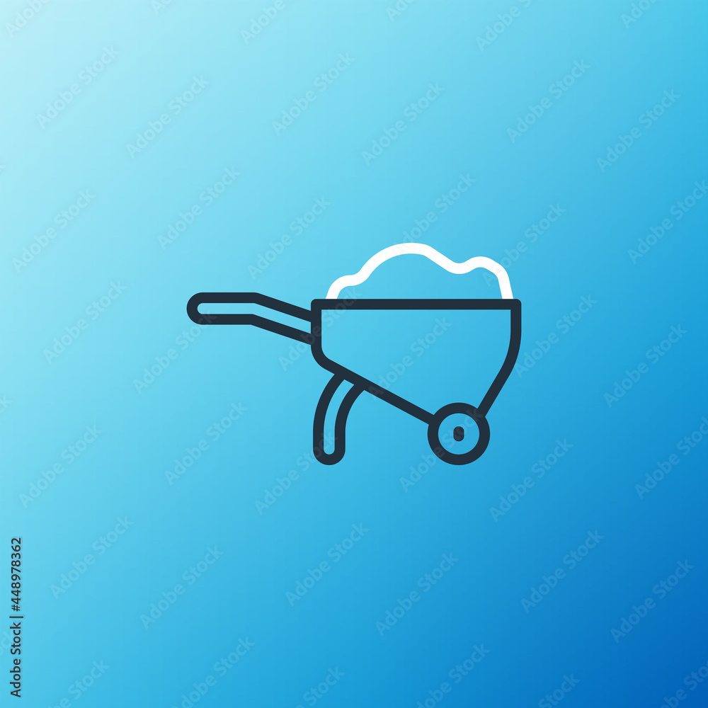 Line Wheelbarrow with dirt icon isolated on blue background. Tool equipment. Agriculture cart wheel 