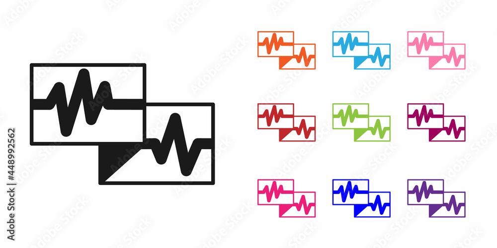 黑色电脑监视器，白色背景上隔离有心电图图标。监视器图标。心电图监视器