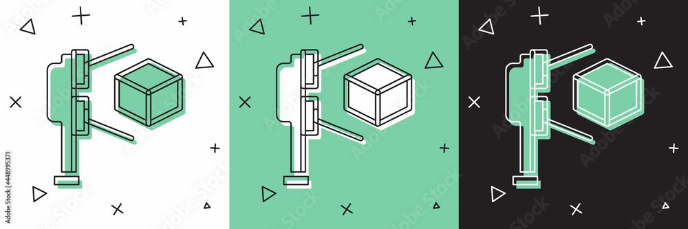 设置3D扫描仪，将立方体投影图标隔离在白色和绿色黑色背景上。矢量