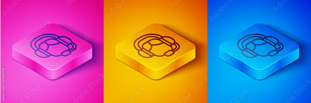 Isometric line Woman with a headset icon isolated on pink and orange, blue background. Support opera