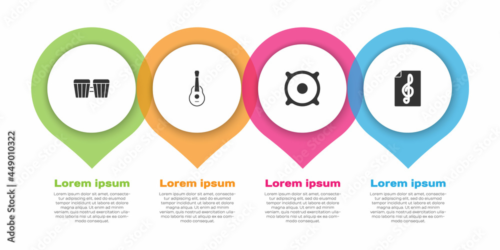 设置鼓、吉他、立体声扬声器和高音谱号。商业信息图模板。矢量