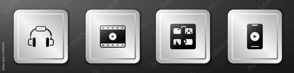 设置耳机、播放视频、故事板和在线播放视频图标。银色方形按钮。矢量