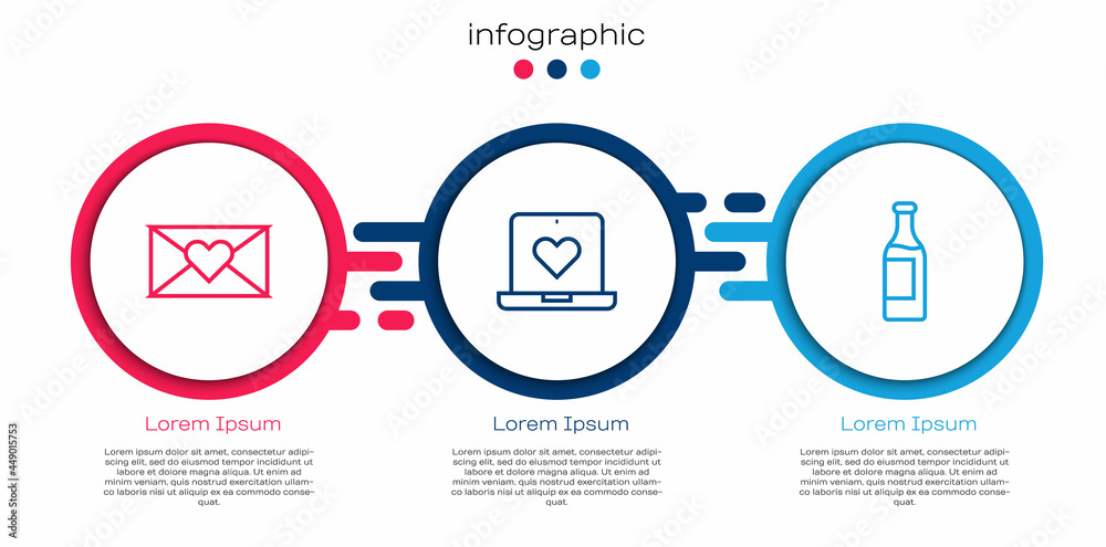 Set line Envelope with Valentine heart, Dating app online and Wine bottle. Business infographic temp