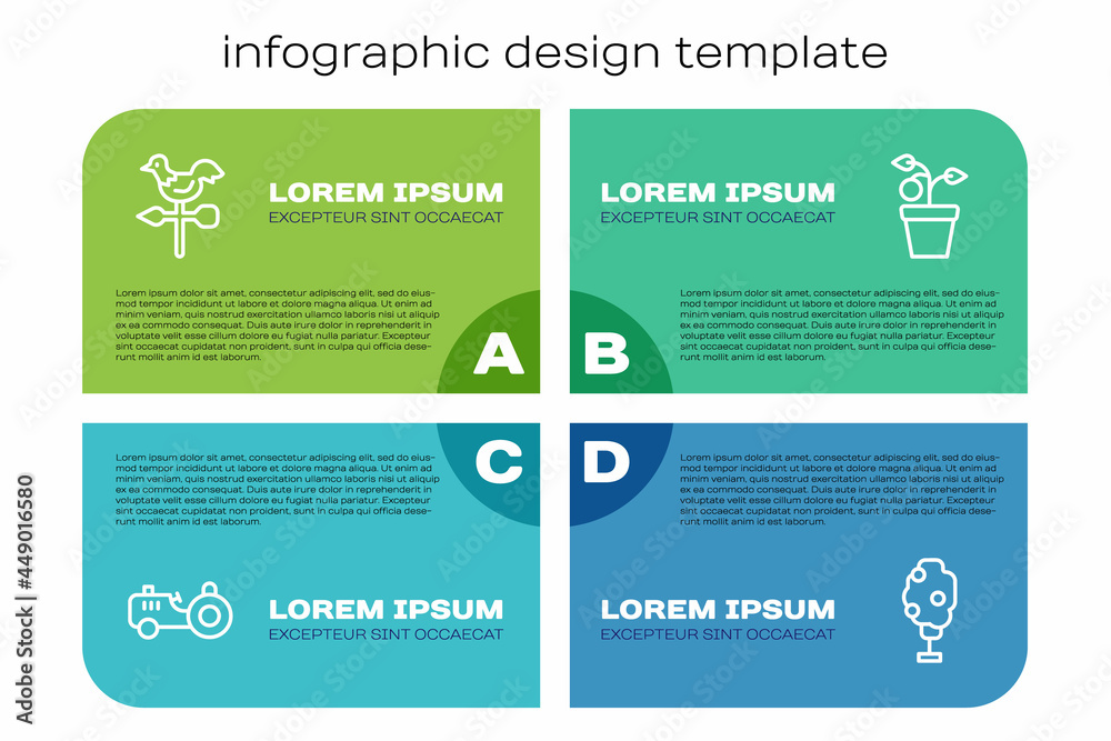 Set line Tractor, Rooster weather vane, Tree with apple and Plant in pot. Business infographic templ