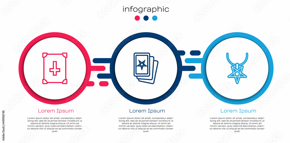 设定线古代魔法书，三张塔罗牌和项链上的五角星。商业信息图templ