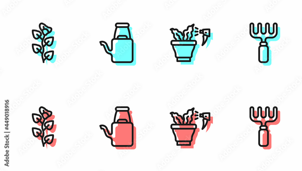 Set line Spraying plant, Ivy branch, Watering can and Garden rake icon. Vector