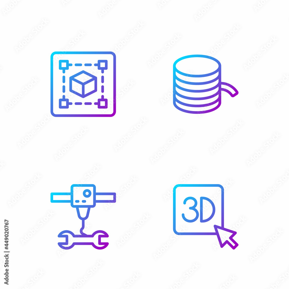 设置线3D打印机、扳手、几何图形立方体和细丝。渐变色图标.V