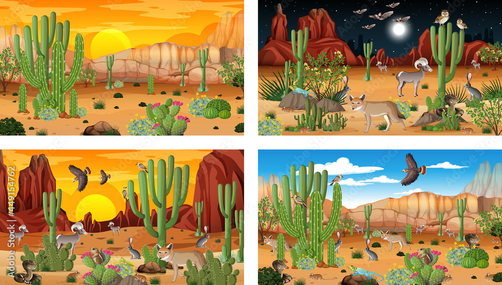 Different scenes with desert forest landscape with animals and plants