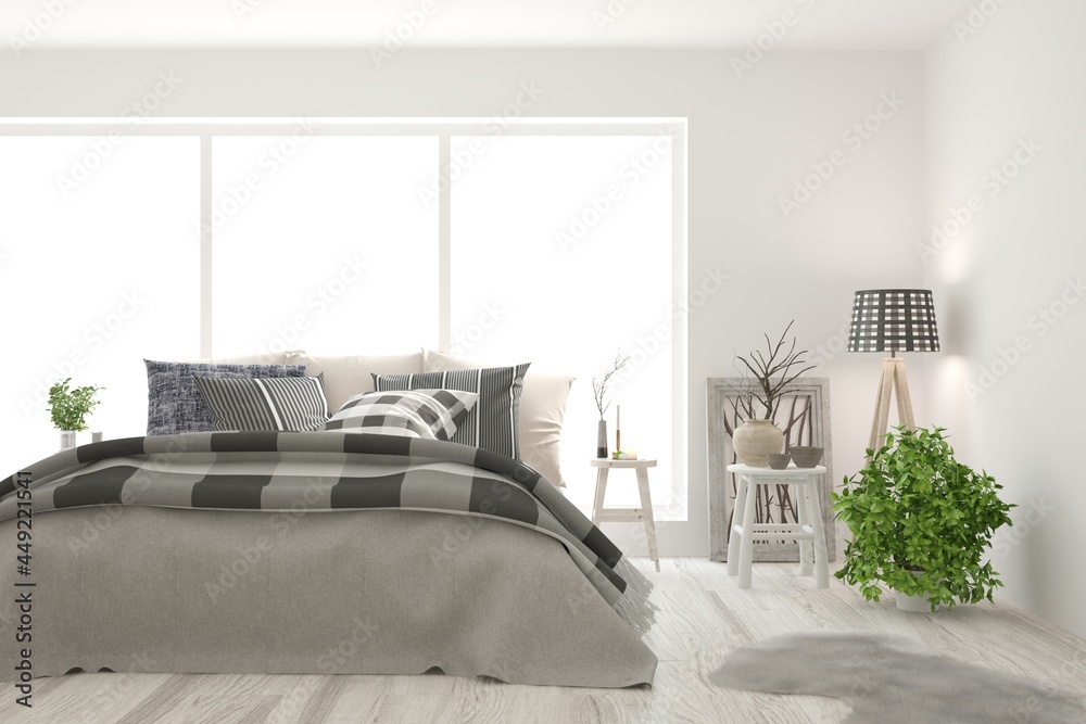 White bedroom interior. Scandinavian design. 3D illustration