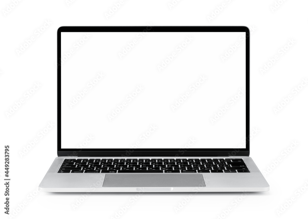 A white background with a laptop, an empty screen, and a silver aluminum body.