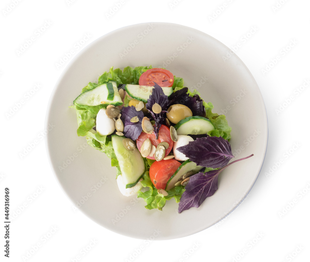 Plate with tasty fresh salad on white background