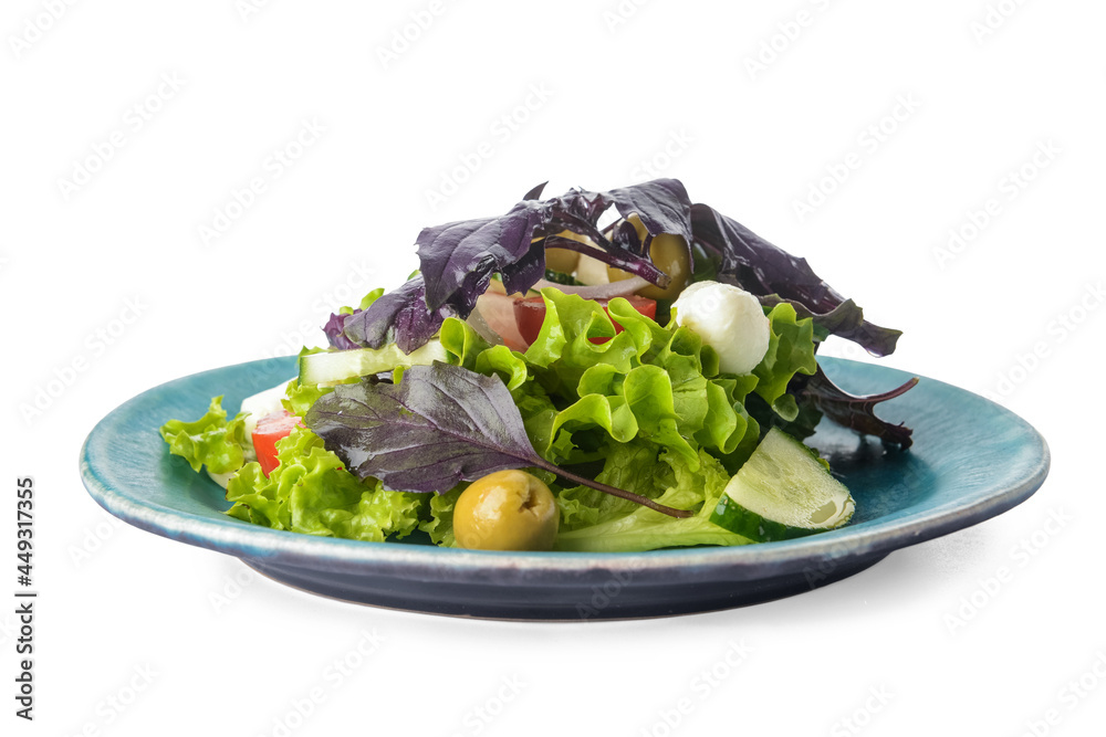 Plate with tasty fresh salad on white background