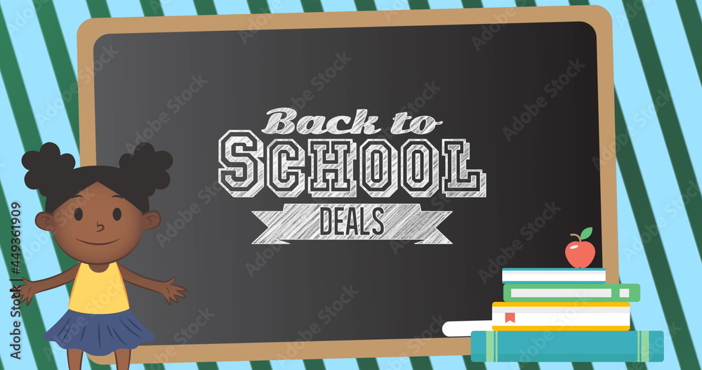 Image of back to school text over school items icons and blackboard