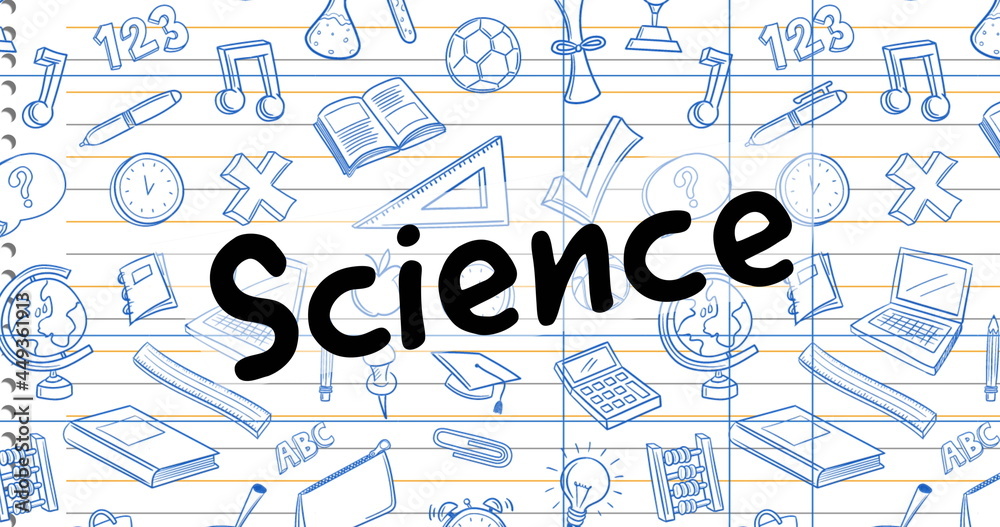 Image of science text over school items icons