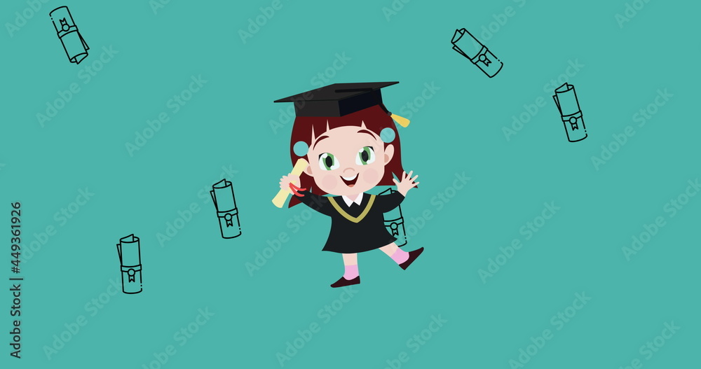 Image of schoolgirl digital icon over school items icons on green background