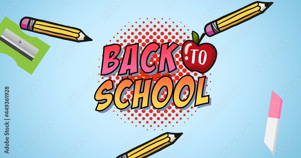 Image of back to school text over school items icons on blue background