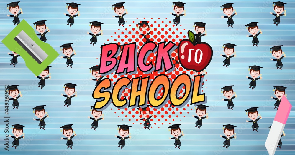 Image of back to school text over school items icons on blue background