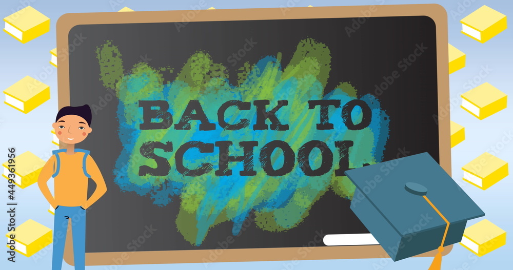 Image of back to school text over school items icons and blackboard