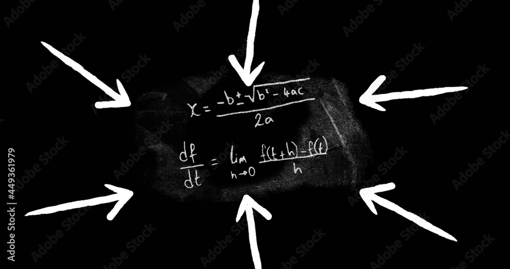 Image of white arrows pointing to mathematical equations on blackboard