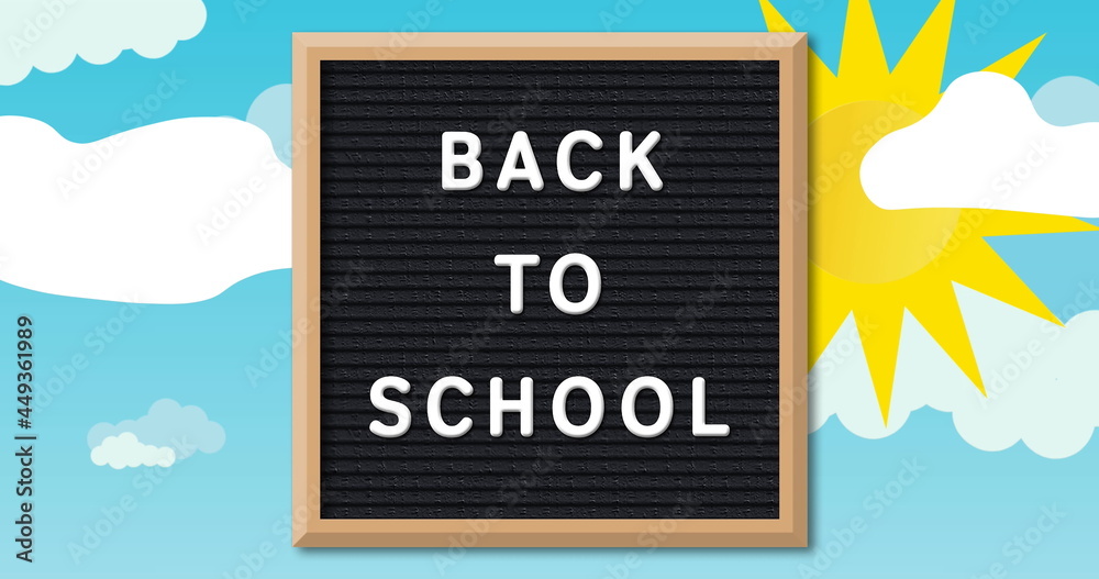 Image of back to school text on black letter board over puzzles flying and sun on blue