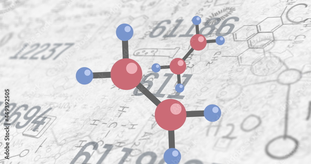 白色背景下化学结构在化学配方中旋转的数字图像