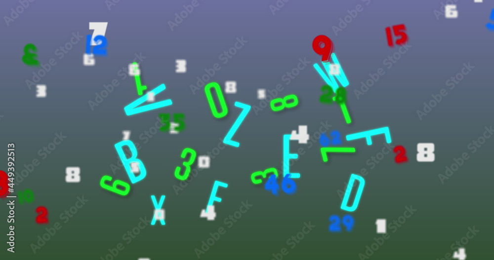 蓝色背景下浮动的多个不断变化的数字和字母的数字图像