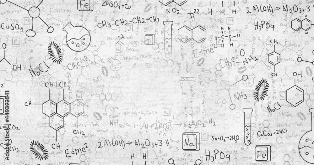 多个数字和字母的数字图像漂浮在白色ba上的化学结构上