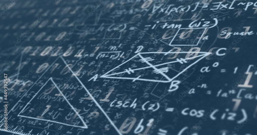 蓝色背景下根据数学方程处理二进制编码数据的数字图像