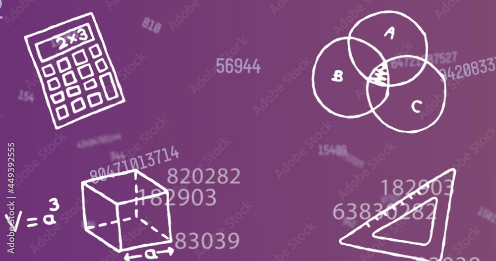 几何概念图标的数字图像，背景为紫色背景上的多个不断变化的数字