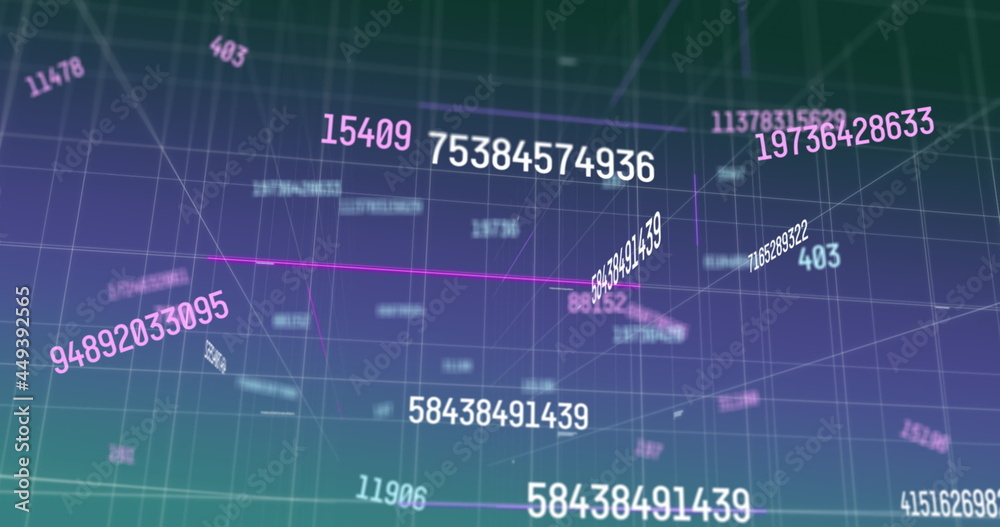 紫色背景下网格网络上的多个数字的数字图像