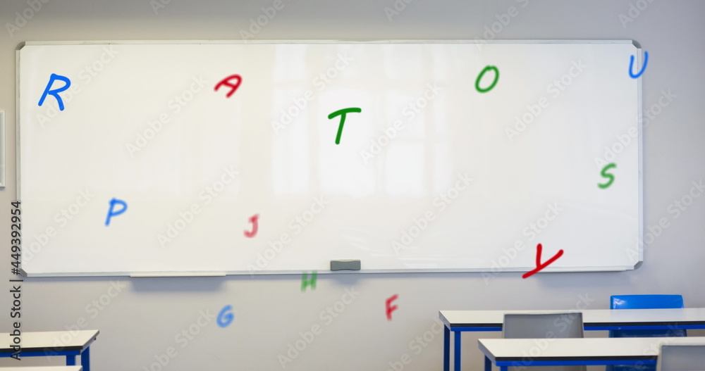 Digital composition of multiple colorful alphabets floating against white board in empty classroom