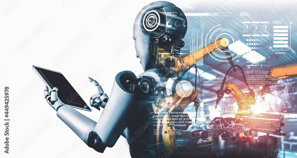 Mechanized industry robot and robotic arms double exposure image . Concept of artificial intelligenc