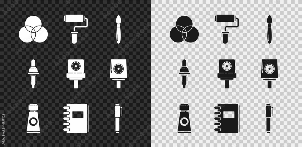 设置RGB和CMYK颜色混合，滚筒刷，带调色板的Tube，螺旋笔记本，笔，Pi