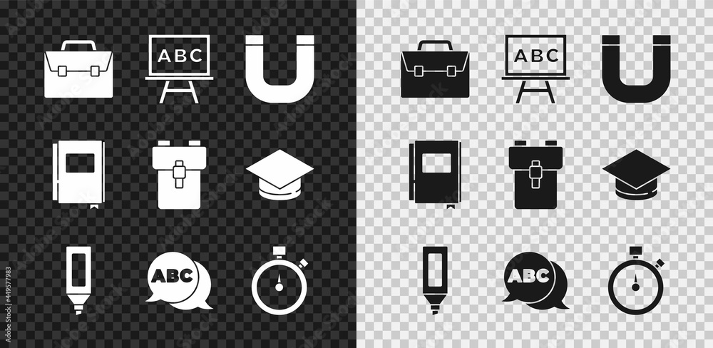套装公文包、黑板、磁铁、记号笔、字母表、秒表、书本和学校背包图标.V