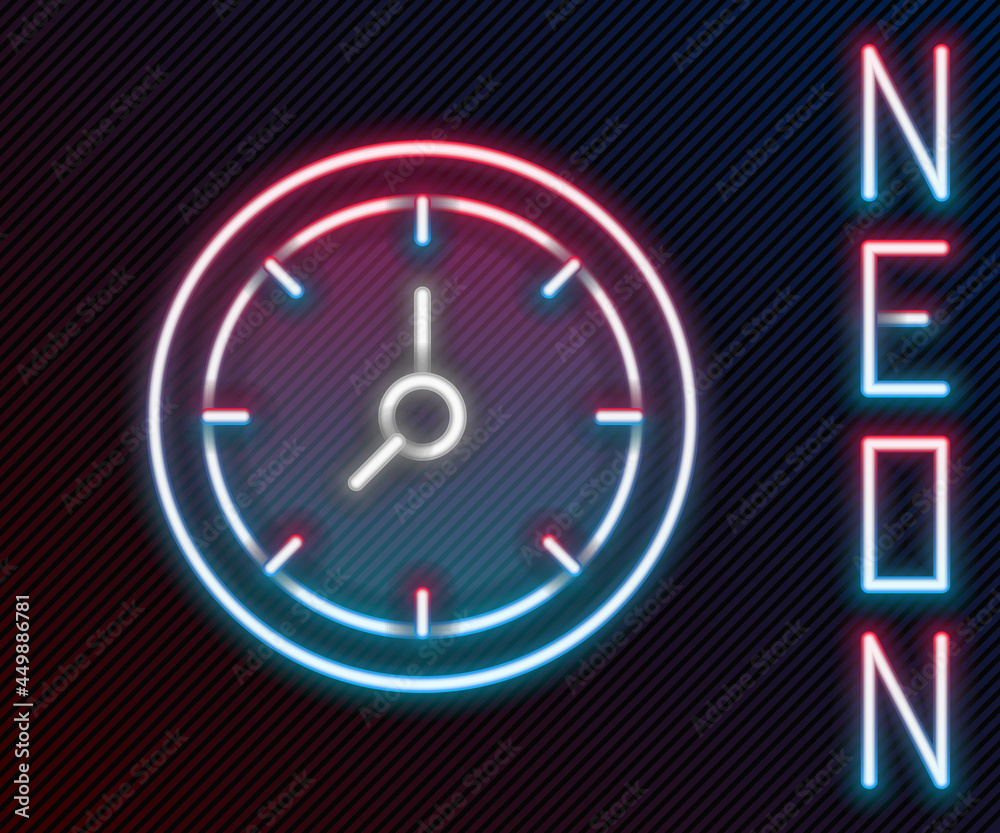 Glowing neon line Clock icon isolated on black background. Time symbol. Colorful outline concept. Ve