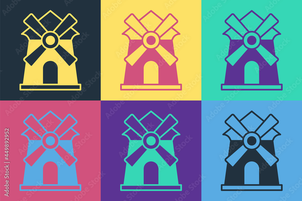 Pop art Windmill icon isolated on color background. Vector