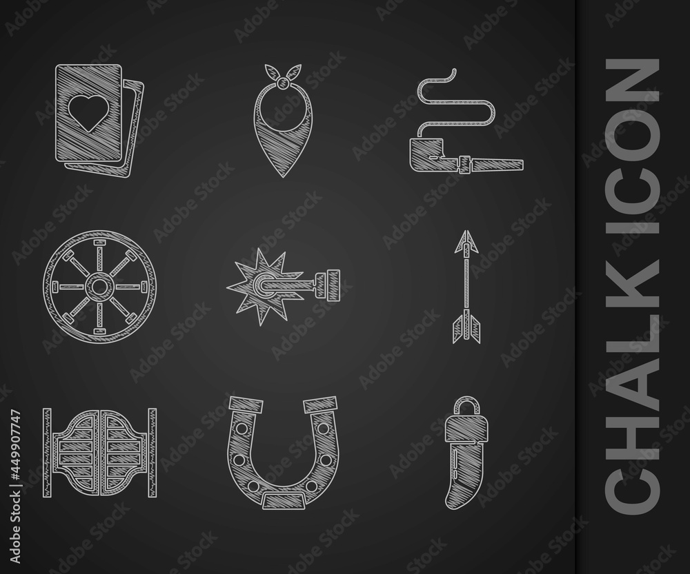 Set Spur，Horseshoe，Tooth，Crossed arrows，Saloon door，Old Wood wheel，Smoking pipe and Deck of（设置马刺、马蹄、