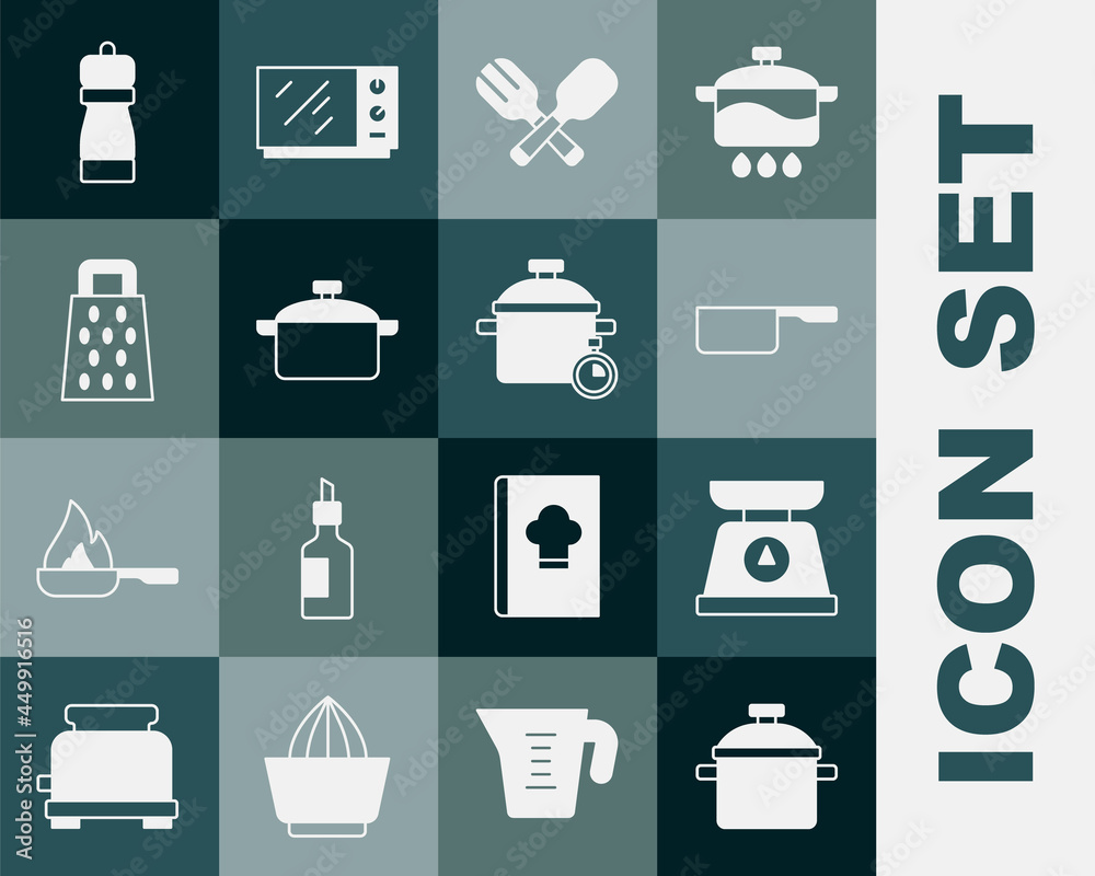 Set Cooking pot, Scales, Saucepan, Crossed fork and spoon, Grater, Pepper and icon. Vector