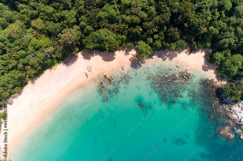 Amazing Sea aerial view Top down seashore nature background Beautiful Tropical beach with rocky moun