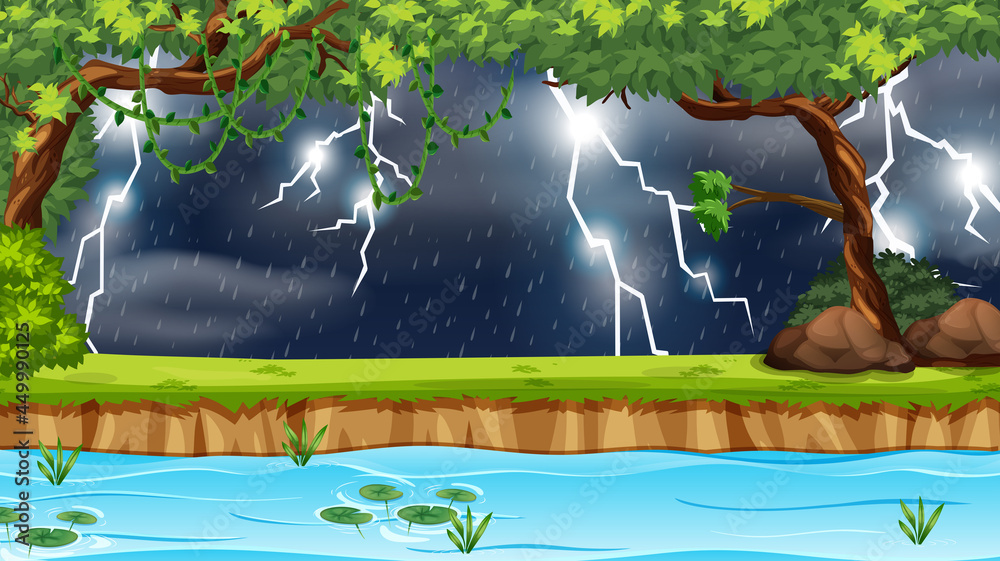 Forest scene with lightning and raining at night